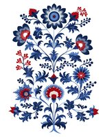 Folk floral pattern in traditional European style with navy blue and red flowers, ornate leaves and symmetrical arrangement on white background.