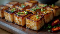 Golden grilled tofu cubes with caramelized surface garnished with fresh green onions and red chili peppers on wooden cutting board for healthy cooking recipes.