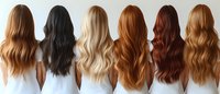 Back view of six different natural hair colors from blonde to brunette on women wearing white tops, showing variety of long wavy hairstyles and color treatments.