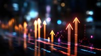 Glowing orange arrows trending upward on digital chart with blurred background showing financial market growth and business success analytics.