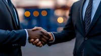 Business handshake between African American and Caucasian executives in dark suits against blurred evening cityscape with bokeh lights in background.
