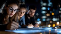 Young diverse team working late at office, focused on digital tablet screen with blue light reflection. Creative professionals collaborating on night project.