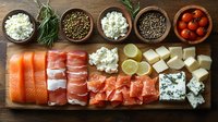 Fresh salmon and prosciutto slices served on wooden board with cottage cheese, feta, herbs, capers, cherry tomatoes and lemon for gourmet appetizer platter.