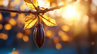 Ripe cocoa pod hanging from branch with golden sunlit leaves against blurred warm bokeh background, natural organic farming concept for food industry.