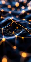 Abstract network visualization with glowing orange connection points and blue light trails forming digital mesh pattern against dark background.