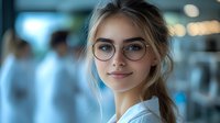 Young blonde woman wearing glasses and white shirt smiling at camera in office environment with soft blue lighting and blurred background. Professional workplace portrait.