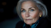 Elegant senior Caucasian woman with silver hair and blue eyes in professional portrait. Mature businesswoman executive leader in dark clothing against blurred background.