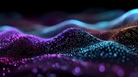 Abstract digital landscape with flowing particle waves in purple, blue, and teal colors against dark background, creating futuristic terrain visualization.