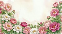 Watercolor peony flowers frame with soft pink and white blooms on textured paper background for wedding invitations and romantic design projects.