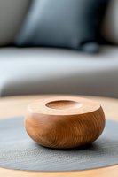 Minimalist wooden bowl with smooth curved design on gray leather surface, showcasing natural wood grain texture and craftsmanship in soft lighting.