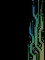 Digital circuit board pattern with glowing blue and green electronic pathways on black background for technology designs and modern presentations.