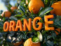 Creative typography made from orange peel spelling word ORANGE on citrus tree with fresh fruits and green leaves, perfect for juice packaging or healthy lifestyle design.