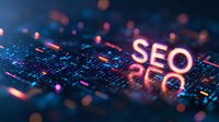 Glowing SEO text reflected on digital circuit board surface with neon pink and blue lights, bokeh effects and shallow depth of field creating futuristic technology concept.