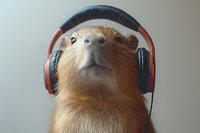 Capybara wearing red and black headphones against neutral background, looking upward. Isolated animal portrait suitable for humorous designs, merchandise, and creative projects.