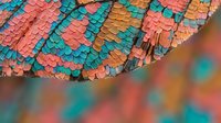 Colorful fish scales or reptile skin texture in vibrant turquoise, coral, and orange tones with overlapping pattern detail for backgrounds and design projects.