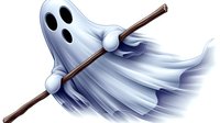 Playful cartoon ghost character with flowing white sheet and wooden staff floating in motion against white background, ready for Halloween designs.