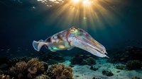 Cuttlefish swimming over coral reef with dramatic sunbeams penetrating ocean water creating magical underwater scene for marine life photography.