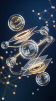Futuristic glass spheres with golden light trails and geometric elements floating in space against dark blue background with bokeh lights.