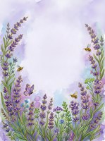 Watercolor lavender field frame with purple flowers, bees and butterfly on soft violet background for spring garden design and aromatherapy projects.