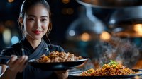 Young Asian female chef presenting steaming fried rice dishes in professional kitchen with warm bokeh lighting and cooking equipment background.