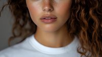 Young mixed race woman with natural curly hair and glowing skin wearing white t-shirt in soft lighting, cropped portrait showing lips and nose area.