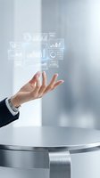 Business professional hand displaying holographic data analytics dashboard with charts graphs and statistics for digital transformation.