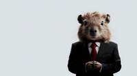 Anthropomorphic business gopher in black suit and red tie checking smartphone against light background, digital art character for business concepts.