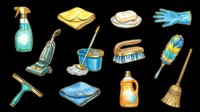 Cleaning supplies and household tools isolated on transparent background, ready for t-shirt designs, clipart, stickers, sublimation and print-on-demand products.