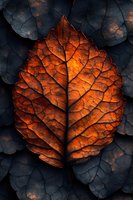 Vibrant orange autumn leaf with detailed veins surrounded by dark weathered leaves creating dramatic seasonal contrast for nature designs.