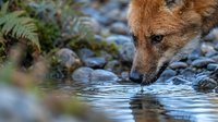 Red fox drinking water from natural stream in forest habitat with ferns and rocks creating peaceful wildlife scene for nature photography projects.