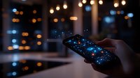 Hand holding smartphone at night with glowing screen reflecting city lights and bokeh effect in dark atmospheric setting, creating moody urban ambiance.