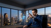 Confident businessman in suit analyzing holographic data interface in modern office with city skyline view at dusk for corporate technology presentations.