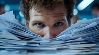 Young male office worker peering over large stack of paperwork documents with overwhelmed expression, highlighting workplace stress and deadline pressure.