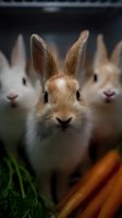 Curious rabbits with brown and white fur looking at camera, focus on center bunny nose and whiskers, with carrots and grass in foreground, blurred companions behind.