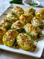 Stuffed green bell peppers topped with melted cheese, crispy breadcrumbs and fresh herbs served on white plate. Close up view of homemade appetizer.