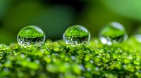 Macro photography of crystal clear water drops on green moss surface reflecting nature. Artistic close-up shows pure dew spheres with bokeh effect in morning light.