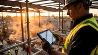Construction supervisor using digital tablet at building site during golden hour sunset for project management and safety inspection.