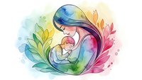 Watercolor mother holding newborn baby surrounded by colorful leaves in gentle embrace. Maternity, motherhood, family bonding concept for greeting cards.