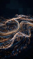 Abstract flowing light trails with golden particles creating dynamic waves on dark background for digital technology and data visualization concepts.