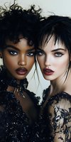 Close-up portrait of two diverse models wearing black lace and sequin evening gowns, with dramatic makeup and styled hair against light background.
