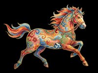 Ornate decorative horse with vibrant mandala patterns in orange, blue, and gold tones, isolated on transparent background. Ready for t-shirt design, clipart, stickers, sublimation, and print-on-demand projects.