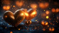Golden glittery hearts on dark background with magical bokeh lights and sparkles creating romantic atmosphere for Valentine's Day celebrations.