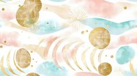 Watercolor abstract waves with gold circles and geometric shapes in soft pastel tones, seamless pattern tiles for backgrounds, wallpaper, and textile design projects.