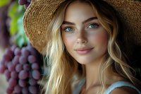 Young blonde woman with blue eyes wearing straw hat in vineyard with purple grapes. Natural beauty portrait with soft lighting for lifestyle content.