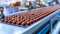 Chocolate confectionery production line with round candies on conveyor belt in food manufacturing facility. Quality control worker inspects process in background.