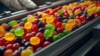 Colorful assorted jelly beans candy in rainbow colors arranged in metal tray for confectionery display and sweet treat production.