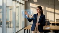 Professional businesswoman using holographic technology interface in modern office environment for digital innovation and futuristic workplace solutions.