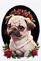 Adorable pug puppy portrait with red rose crown and floral frame on dark background, stylized artistic illustration for decorative prints and designs.