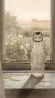 Vintage glass bottle with swing top closure on rustic windowsill overlooking blooming garden in soft morning light creating nostalgic farmhouse atmosphere.