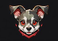 Smiling chihuahua dog head with red bandana and bright red eyes on dark background, cartoon style mascot character design for gaming and sports logos.
